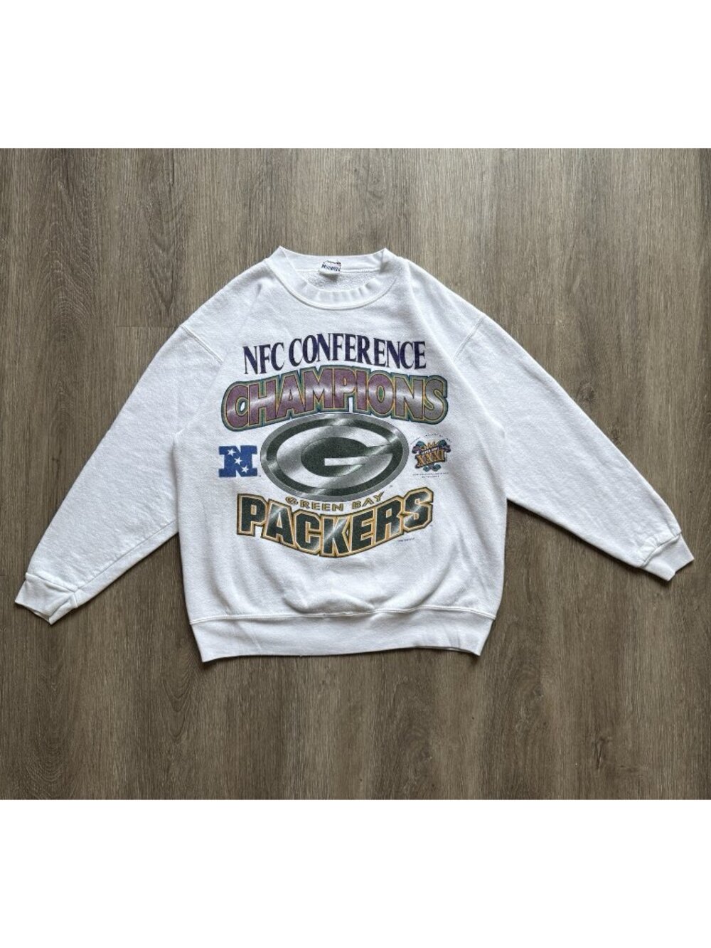 Rare Vintage 90s NFL Green Bay Packers Super Bowl Football White Crewneck Large